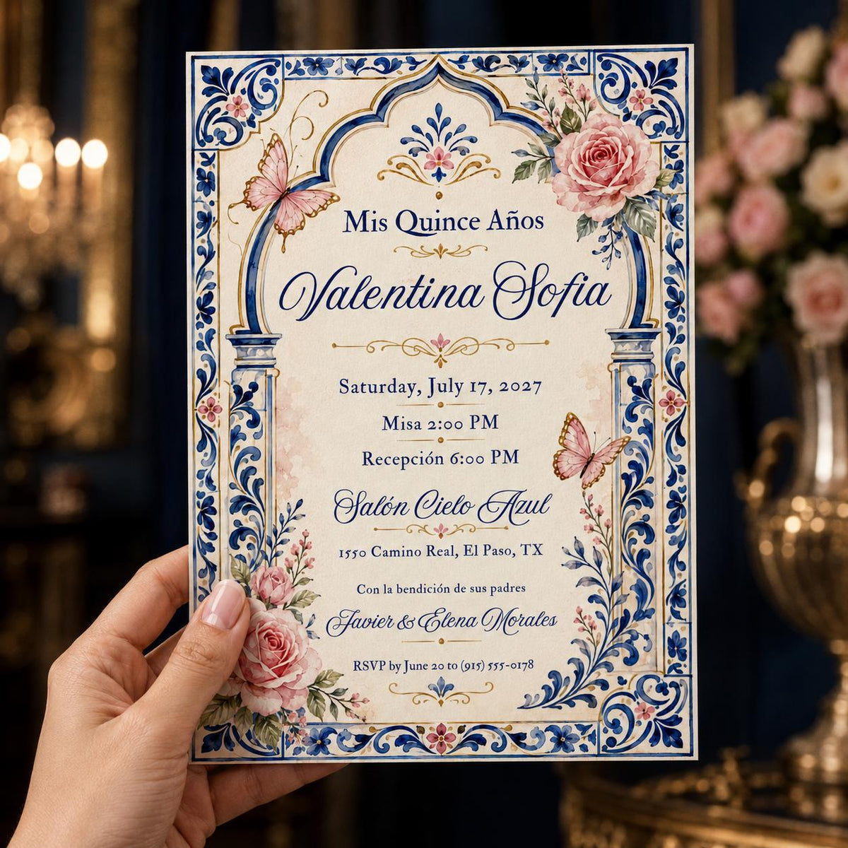 Blue Floral Quinceañera Invitation — invitation you personalize in Canva
