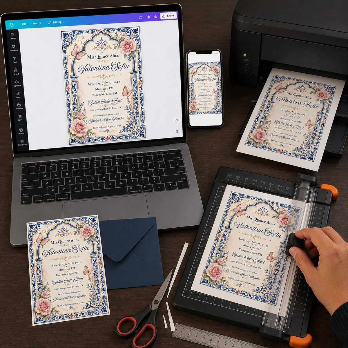 Blue Floral Quinceañera Invitation — print-ready quinceañera design from VoltBy