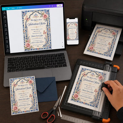 Blue Floral Quinceañera Invitation — print-ready quinceañera design from VoltBy