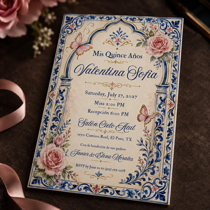 Blue Floral Quinceañera Invitation — digital invitation, instant download