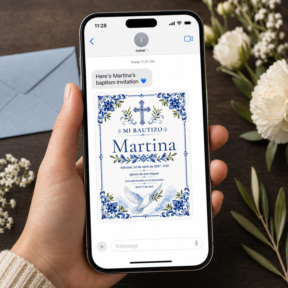 Blue Floral Spanish Baptism Invitation: Catholic Christening — invitation you personalize in Canva
