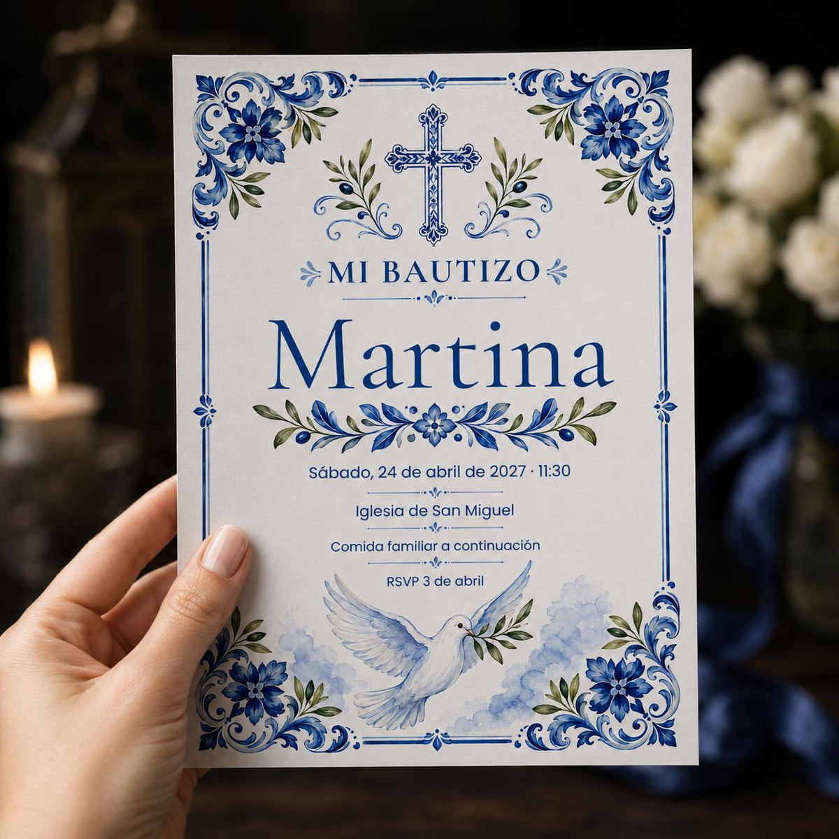 Blue Floral Spanish Baptism Invitation: Catholic Christening — print-ready baptism design from VoltBy