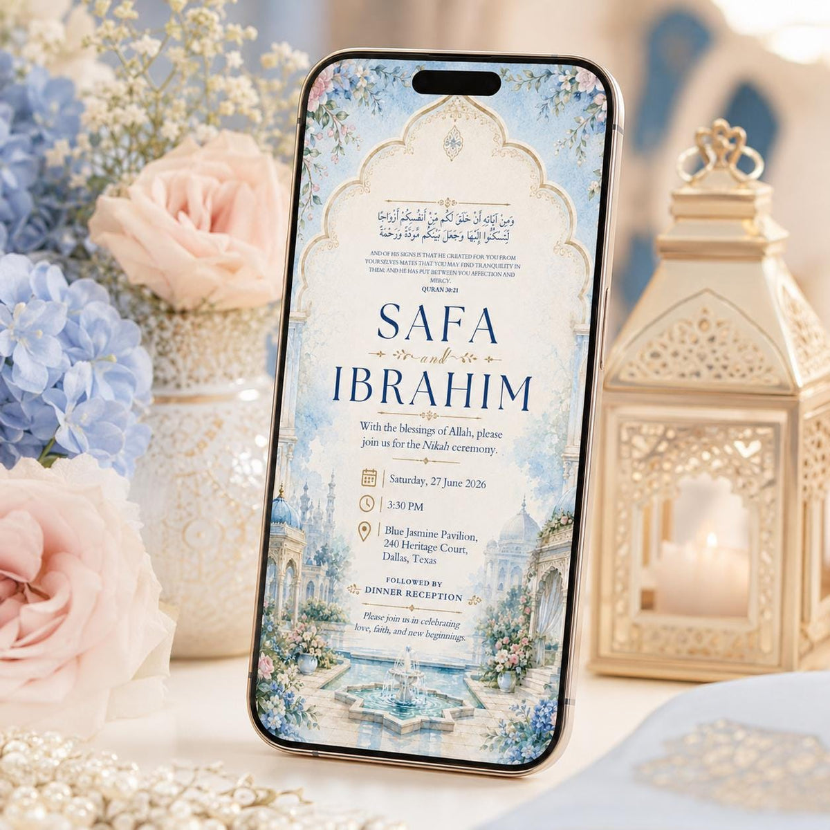 Blue Garden Palace Nikah Invitation in cream