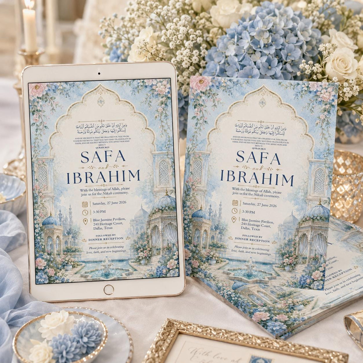 Blue Garden Palace Nikah Invitation — print-ready nikah ceremony design from VoltBy
