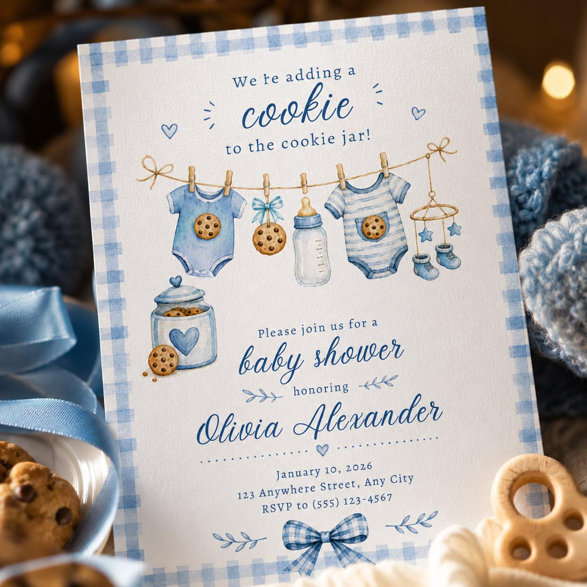 Blue Gingham Cookie Baby Shower Invitation for Boys — invitation you personalize in Canva