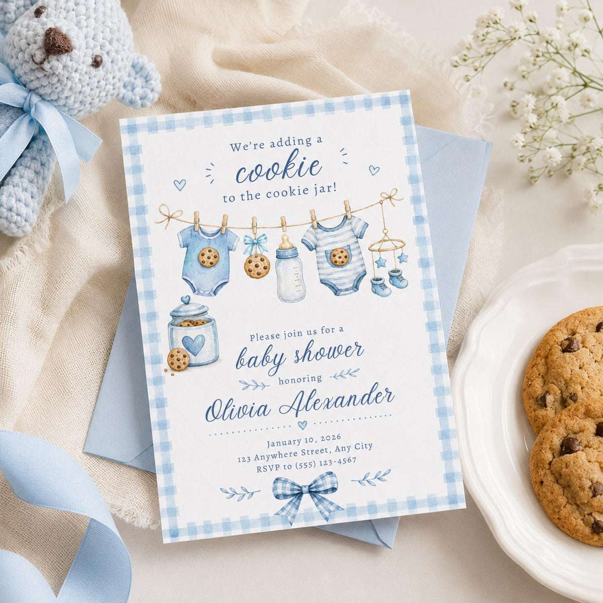 Blue Gingham Cookie Baby Shower Invitation for Boys — print-ready baby shower design from VoltBy