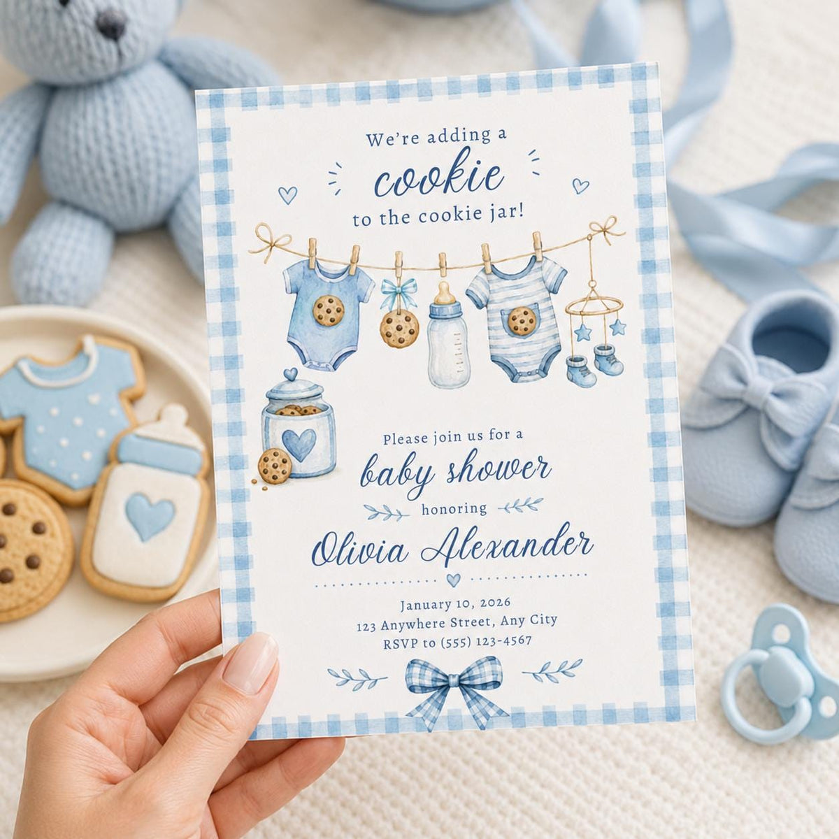 Blue Gingham Cookie Baby Shower Invitation for Boys — digital invitation, instant download