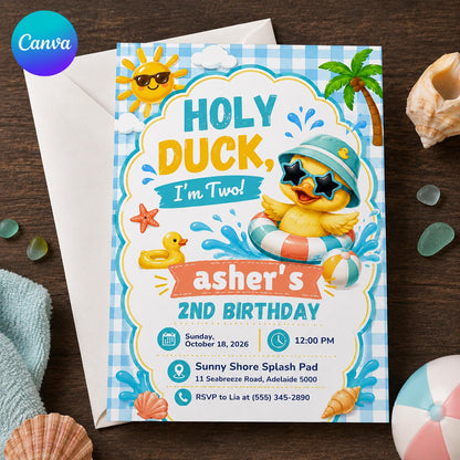 Blue Gingham Holy Duck I'm Two Invitation for Boys — editable Canva template