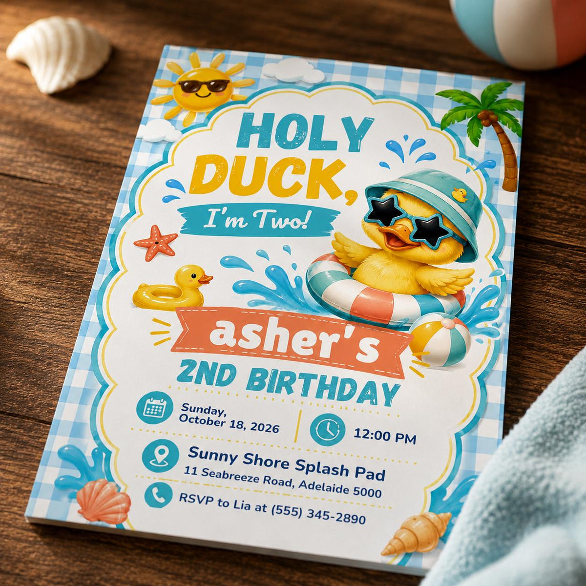 Blue Gingham Holy Duck I'm Two Invitation for Boys — pool design
