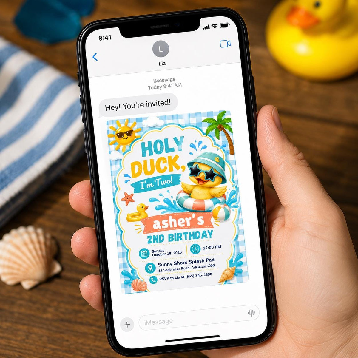 Blue Gingham Holy Duck I'm Two Invitation for Boys — invitation you personalize in Canva