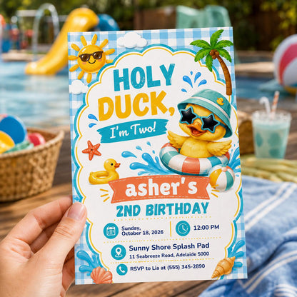 Blue Gingham Holy Duck I'm Two Invitation for Boys — print-ready 2nd birthday party design from VoltBy