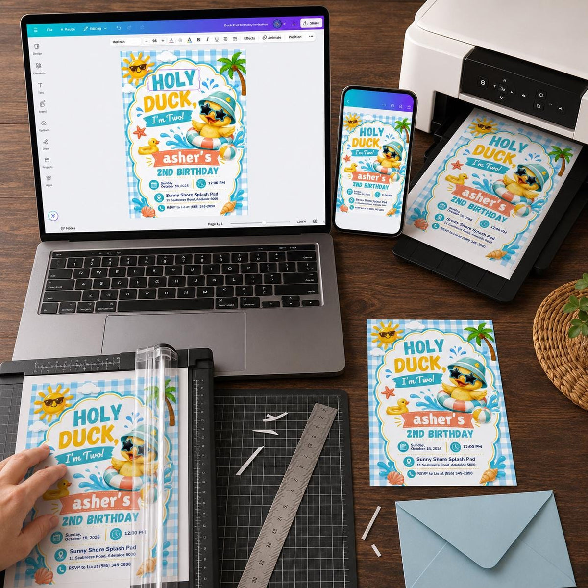 Blue Gingham Holy Duck I'm Two Invitation for Boys — digital invitation, instant download