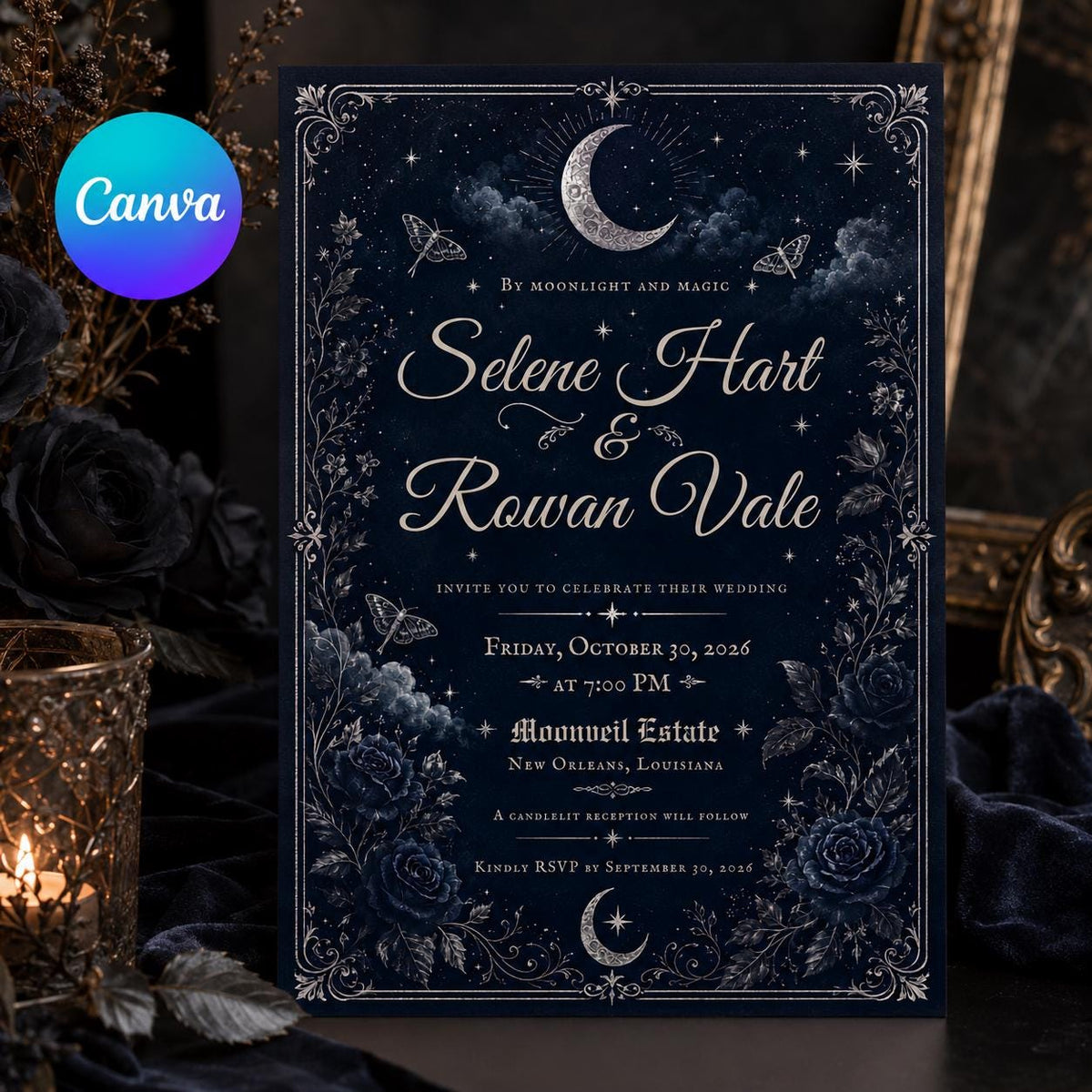 Blue Gothic Celestial Wedding Invitation — editable Canva template
