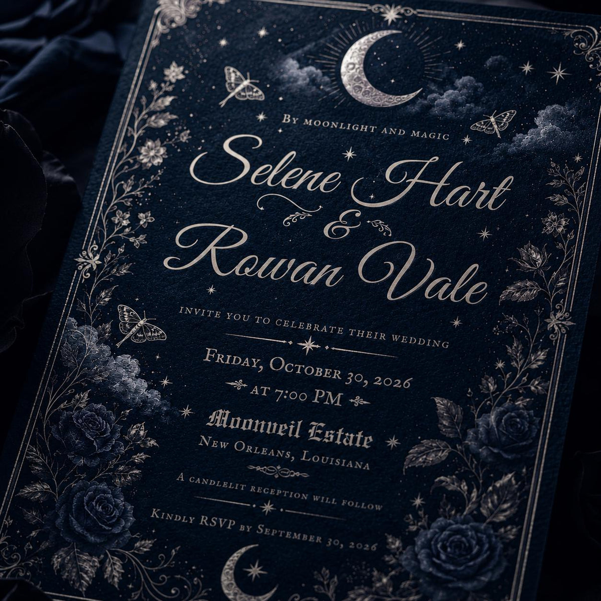 Blue Gothic Celestial Wedding Invitation — invitation you personalize in Canva