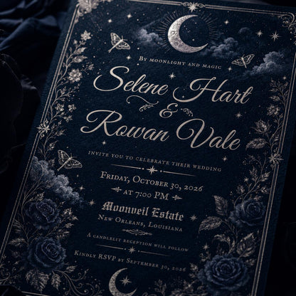 Blue Gothic Celestial Wedding Invitation — invitation you personalize in Canva