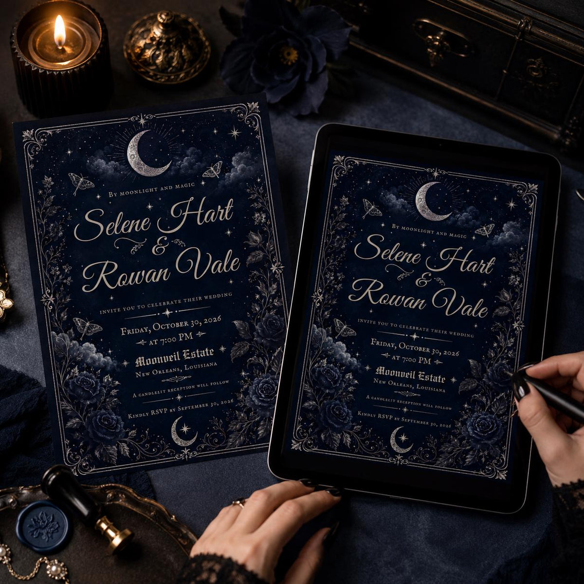 Blue Gothic Celestial Wedding Invitation — print-ready wedding design from VoltBy