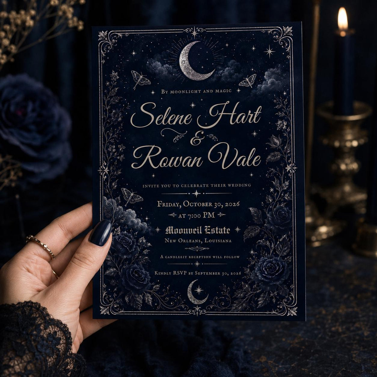 Blue Gothic Celestial Wedding Invitation — digital invitation, instant download