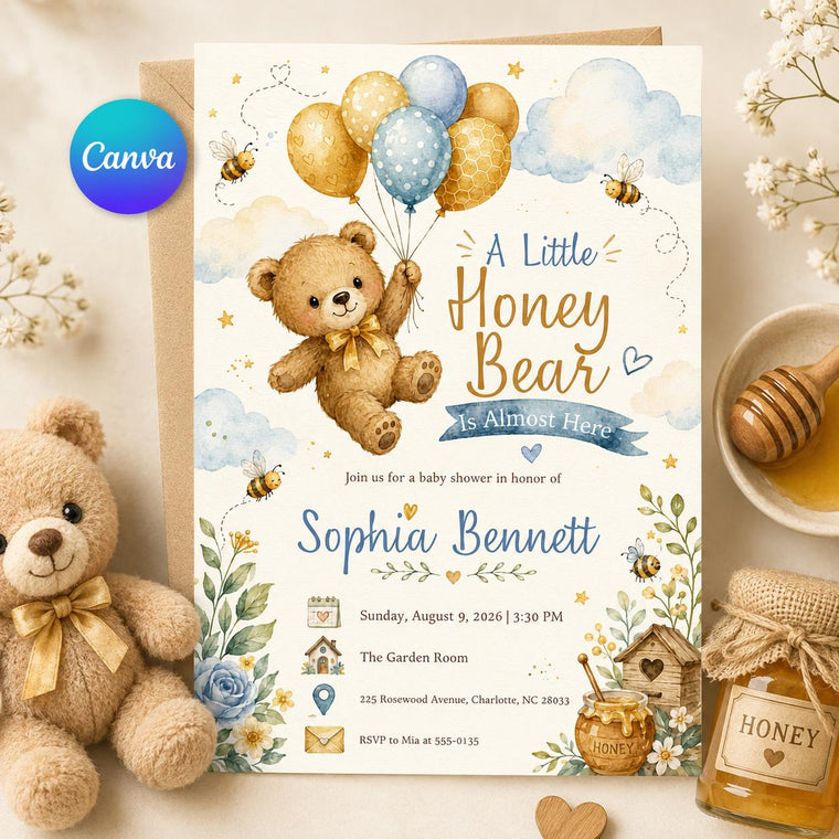 Blue Honey Bear Baby Shower Invitation