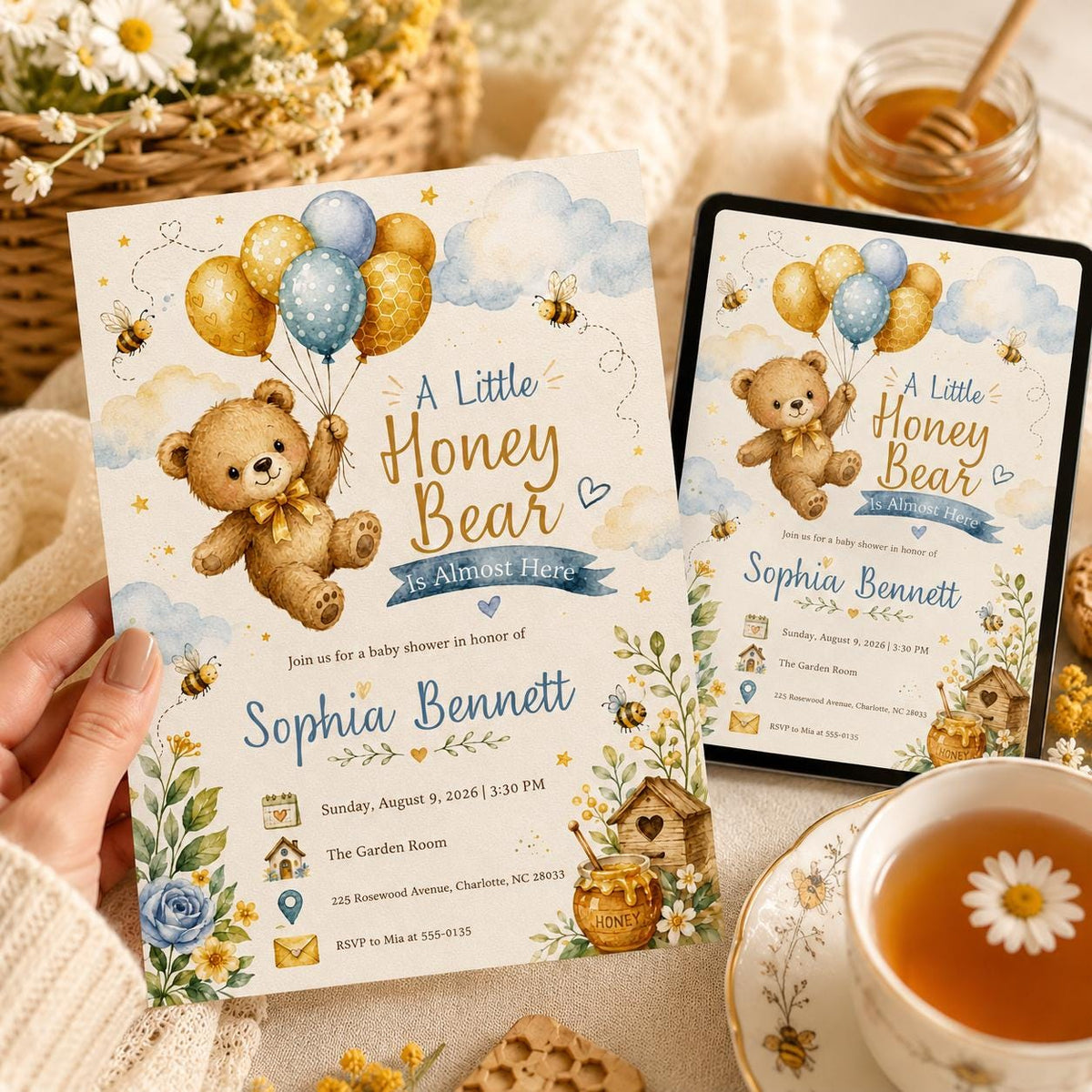 Blue Honey Bear Baby Shower Invitation — bee design