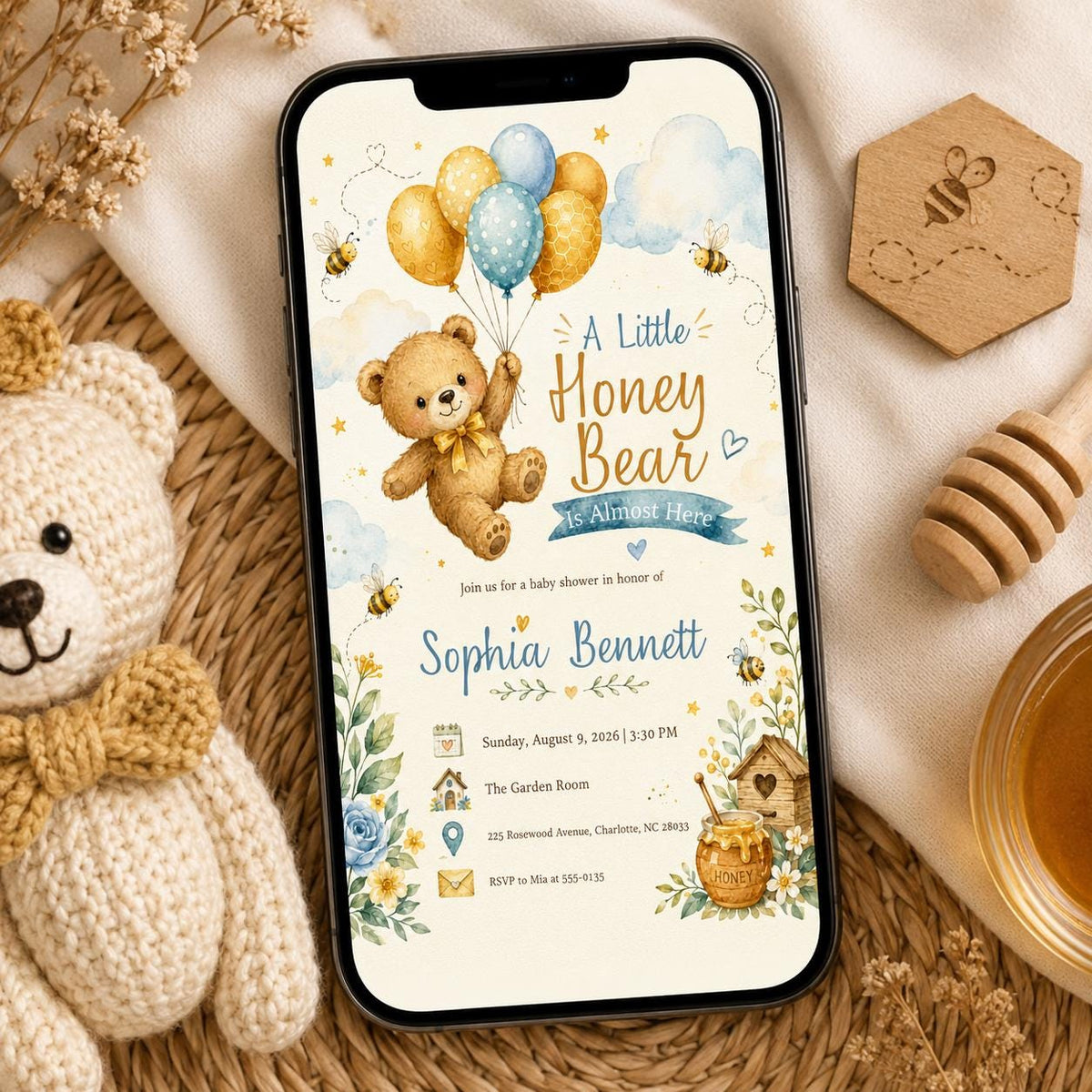 Blue Honey Bear Baby Shower Invitation — invitation you personalize in Canva