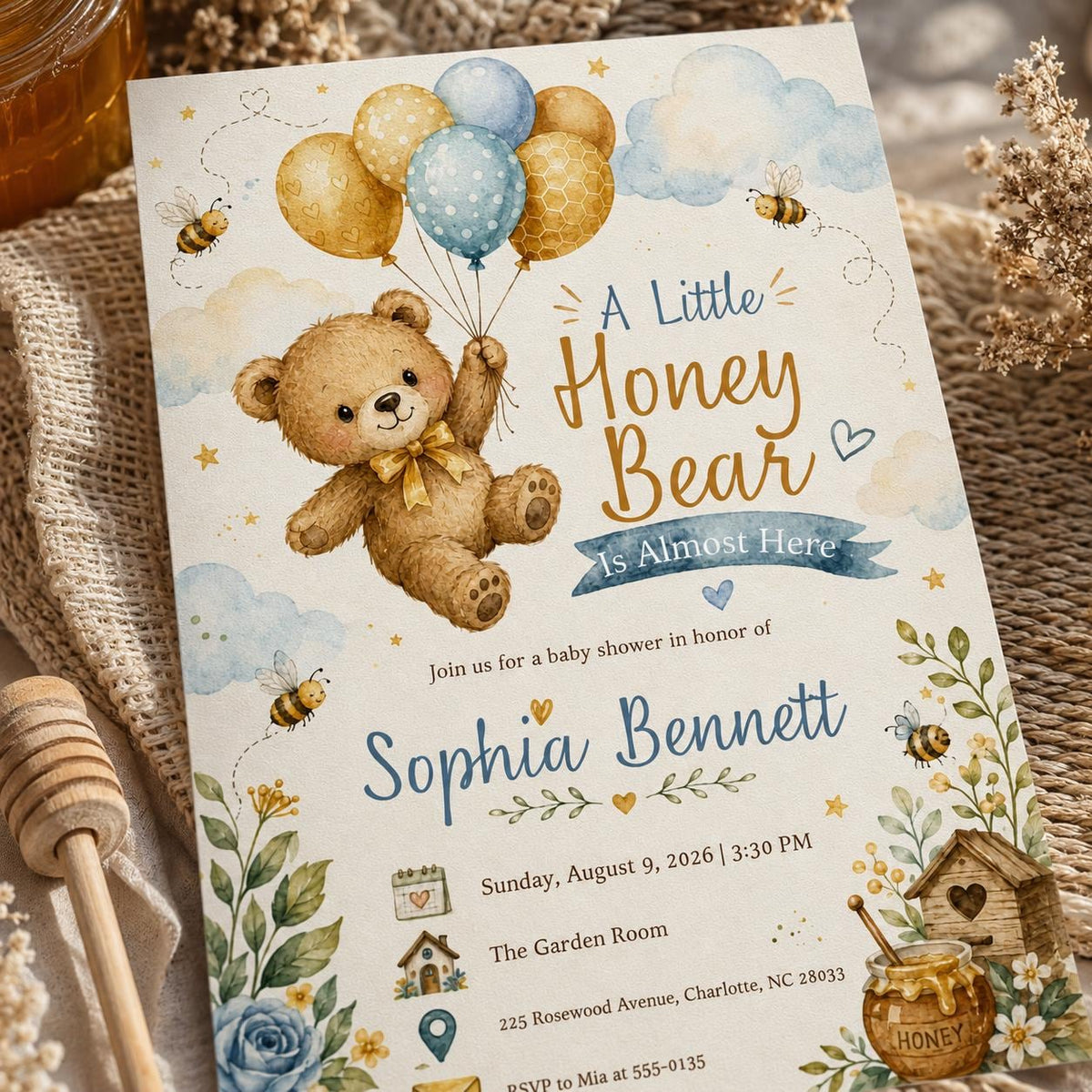 Blue Honey Bear Baby Shower Invitation — print-ready baby shower design from VoltBy
