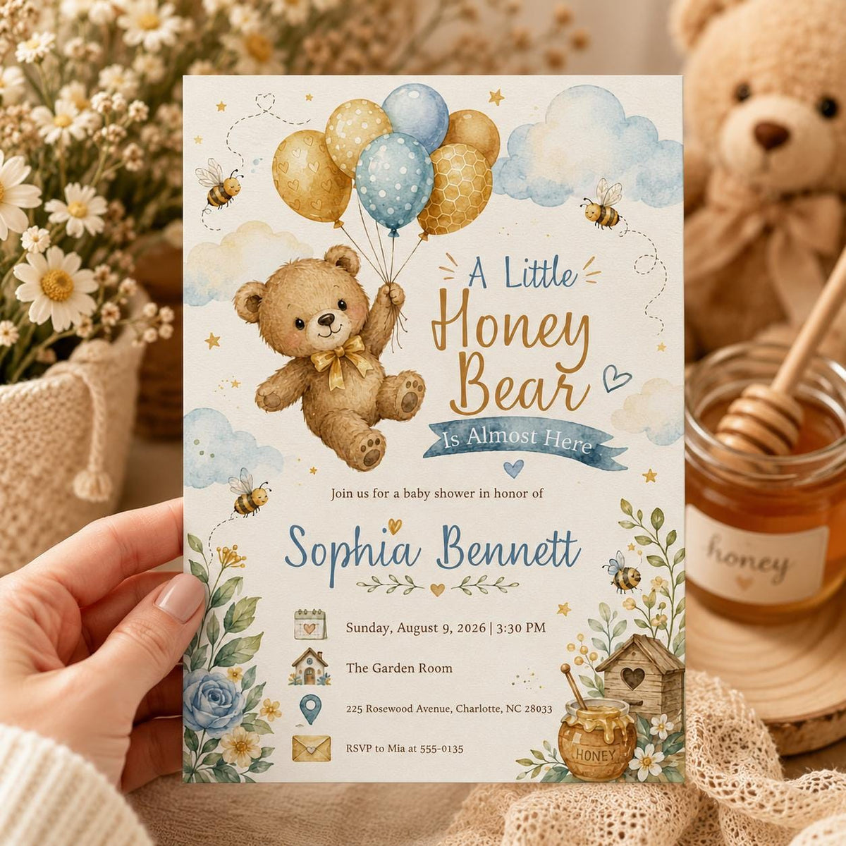 Blue Honey Bear Baby Shower Invitation — digital invitation, instant download