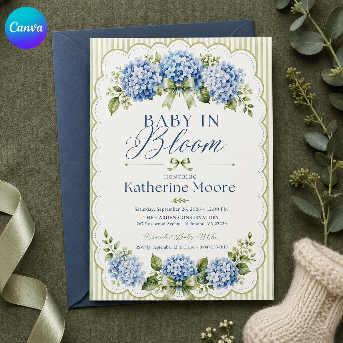 Blue Hydrangea Baby in Bloom Scalloped Shower Invitation — editable Canva template