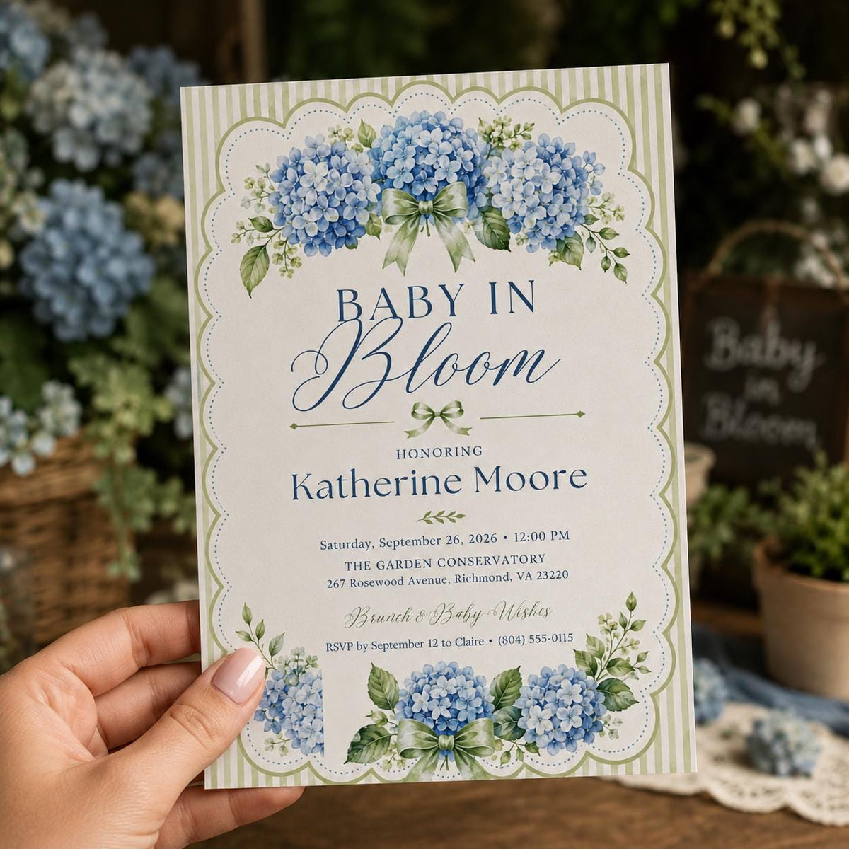 Blue Hydrangea Baby in Bloom Scalloped Shower Invitation — invitation you personalize in Canva