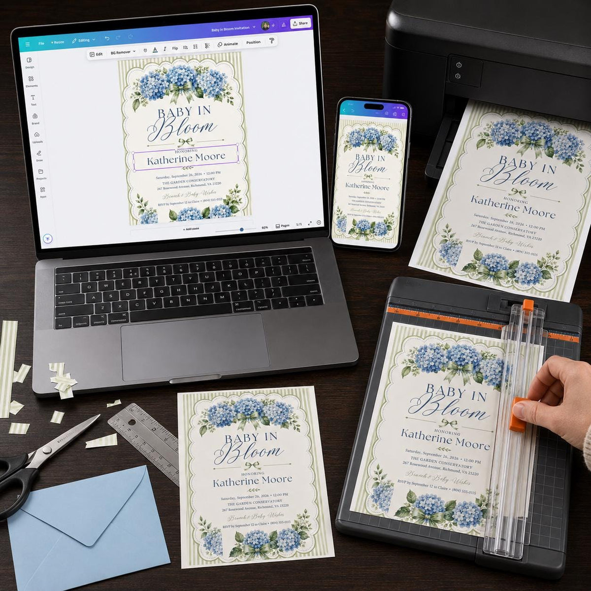 Blue Hydrangea Baby in Bloom Scalloped Shower Invitation — print-ready party design from VoltBy