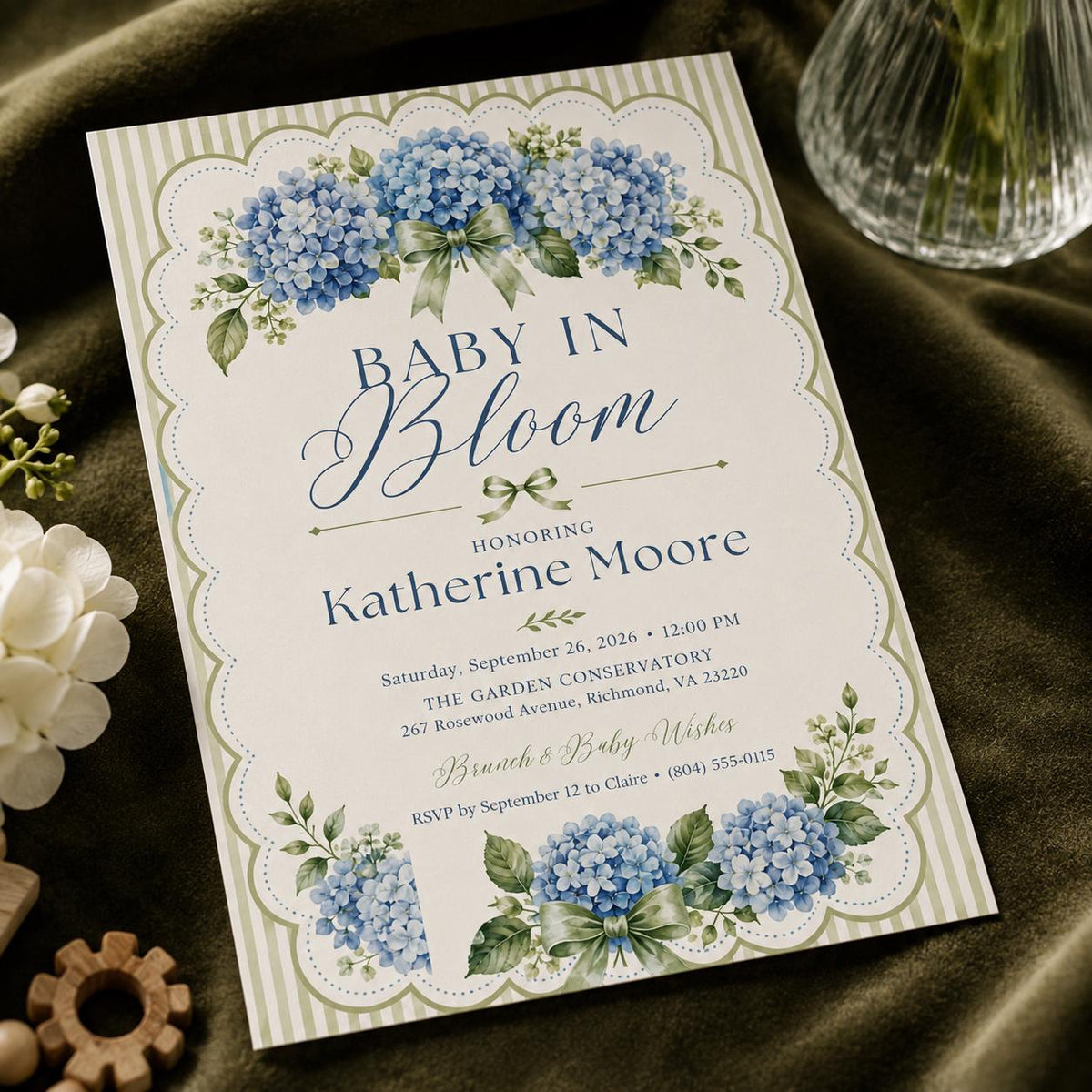Blue Hydrangea Baby in Bloom Scalloped Shower Invitation — digital invitation, instant download