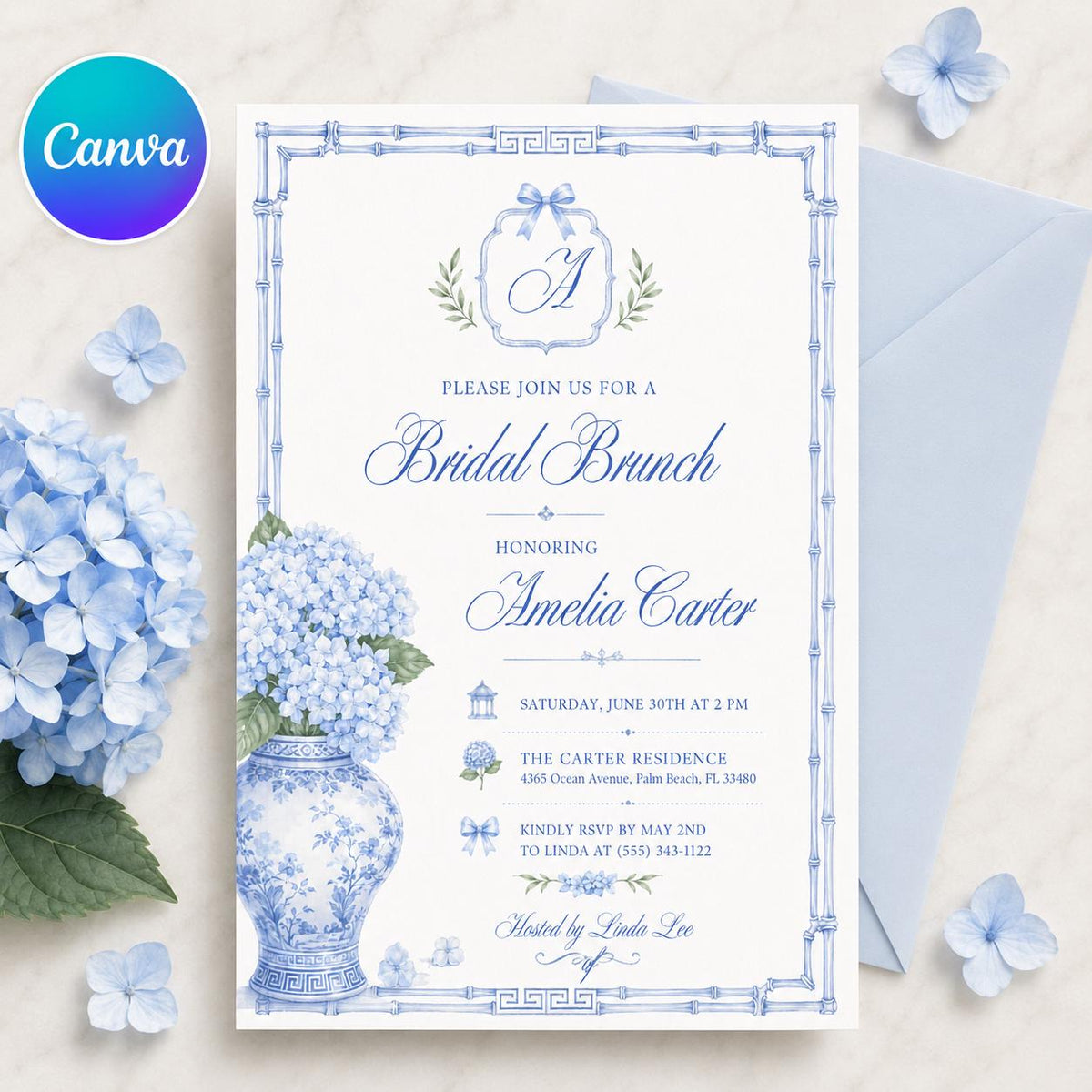 Blue Hydrangea Bridal Brunch Invitation — editable Canva template