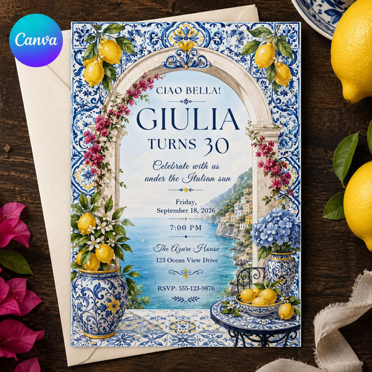Blue Italian 30th Birthday Invitation — editable Canva template