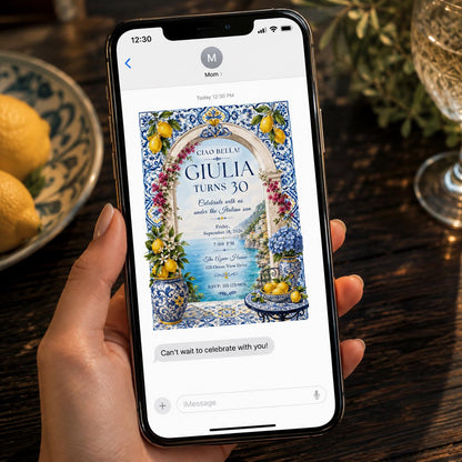 Blue Italian 30th Birthday Invitation — print-ready 30th birthday party design from VoltBy