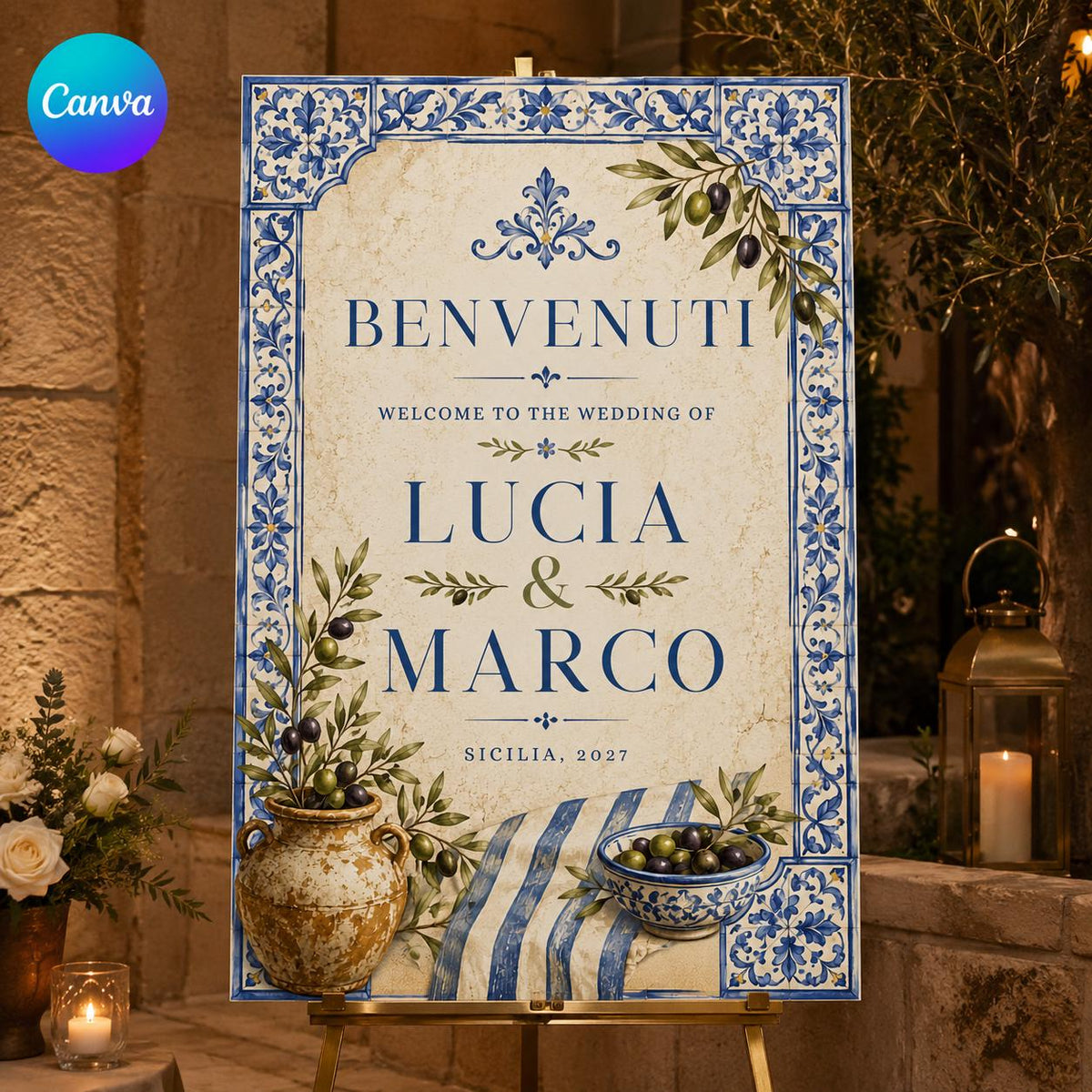 Blue Italian Wedding Welcome Sign — editable Canva template