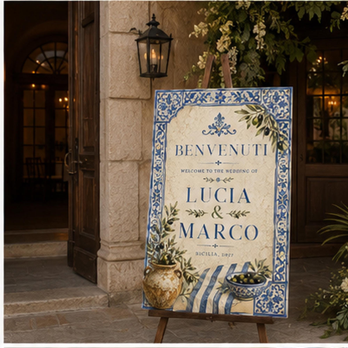 Blue Italian Wedding Welcome Sign — olive branch design