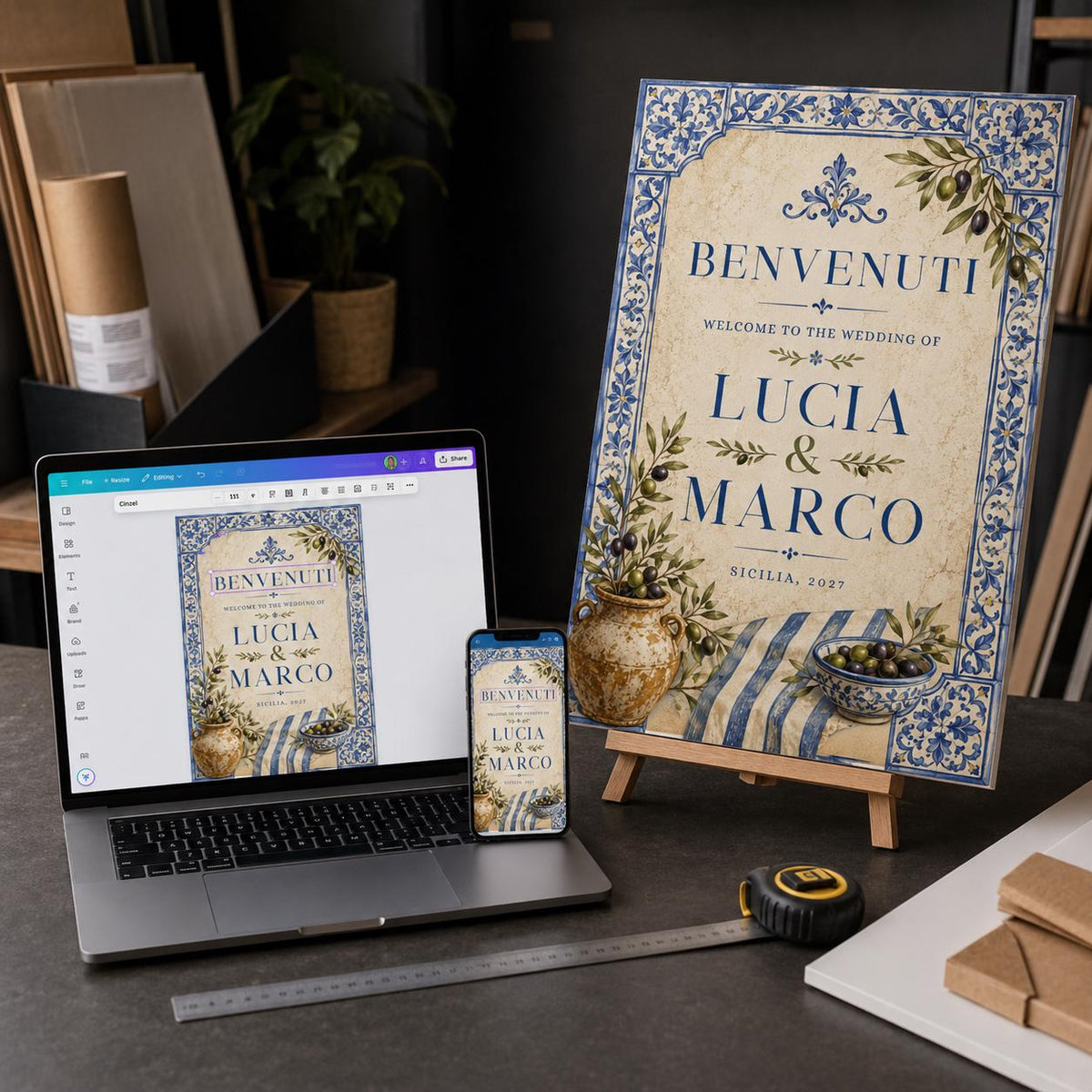 Blue Italian Wedding Welcome Sign — digital welcome sign, instant download