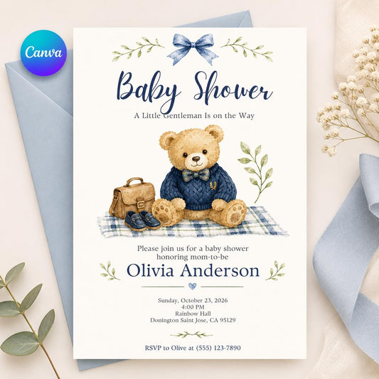 Blue Little Gentleman Baby Shower Invitation for Boys — editable Canva template