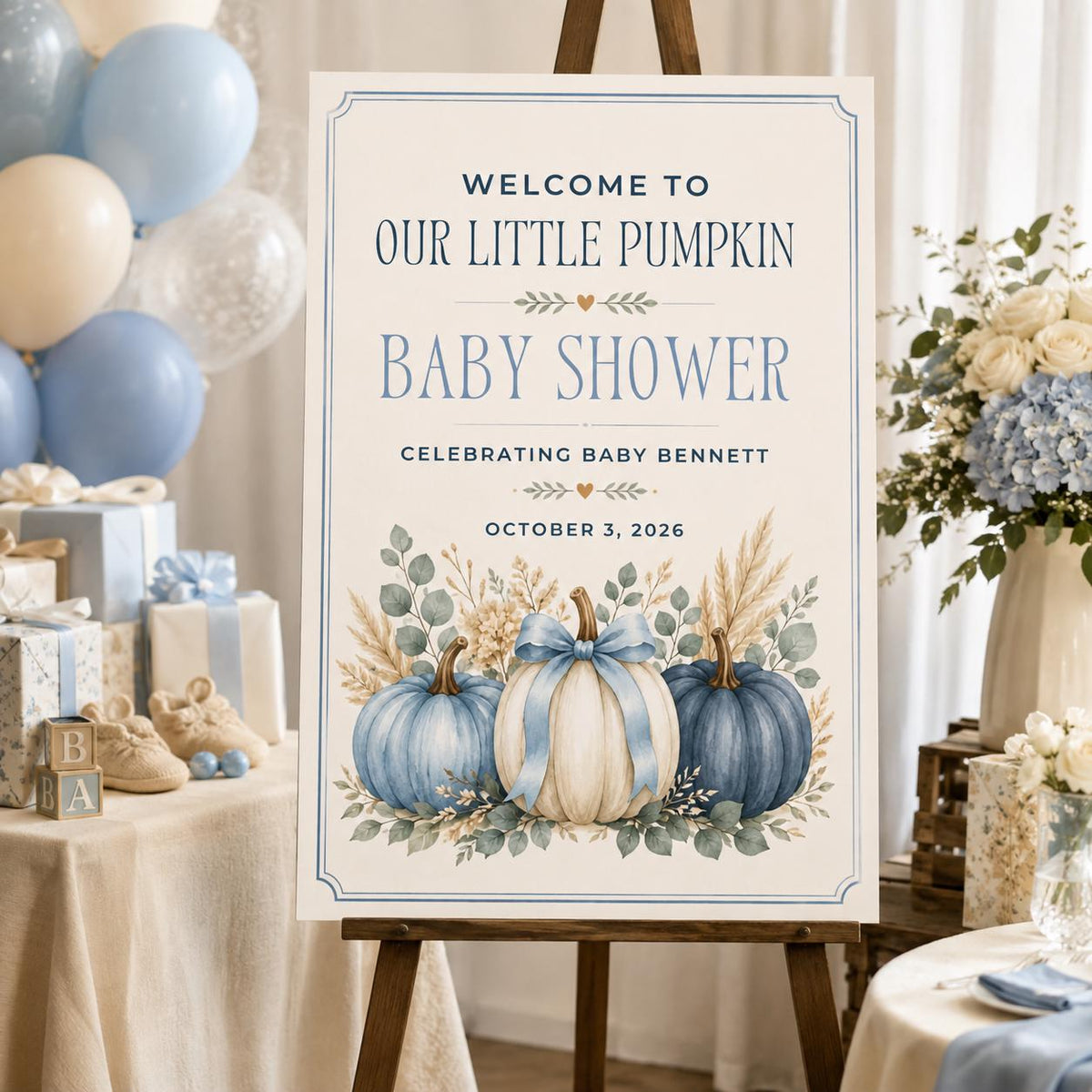 Blue Little Pumpkin Baby Shower Welcome Sign — print-ready baby shower design from VoltBy