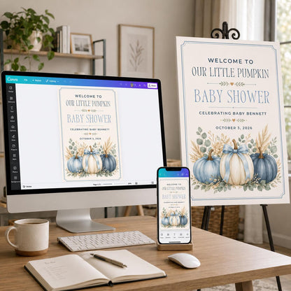 Blue Little Pumpkin Baby Shower Welcome Sign — digital welcome sign, instant download