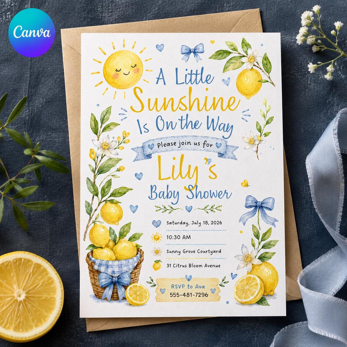 Blue Little Sunshine Baby Shower Invitation — editable Canva template