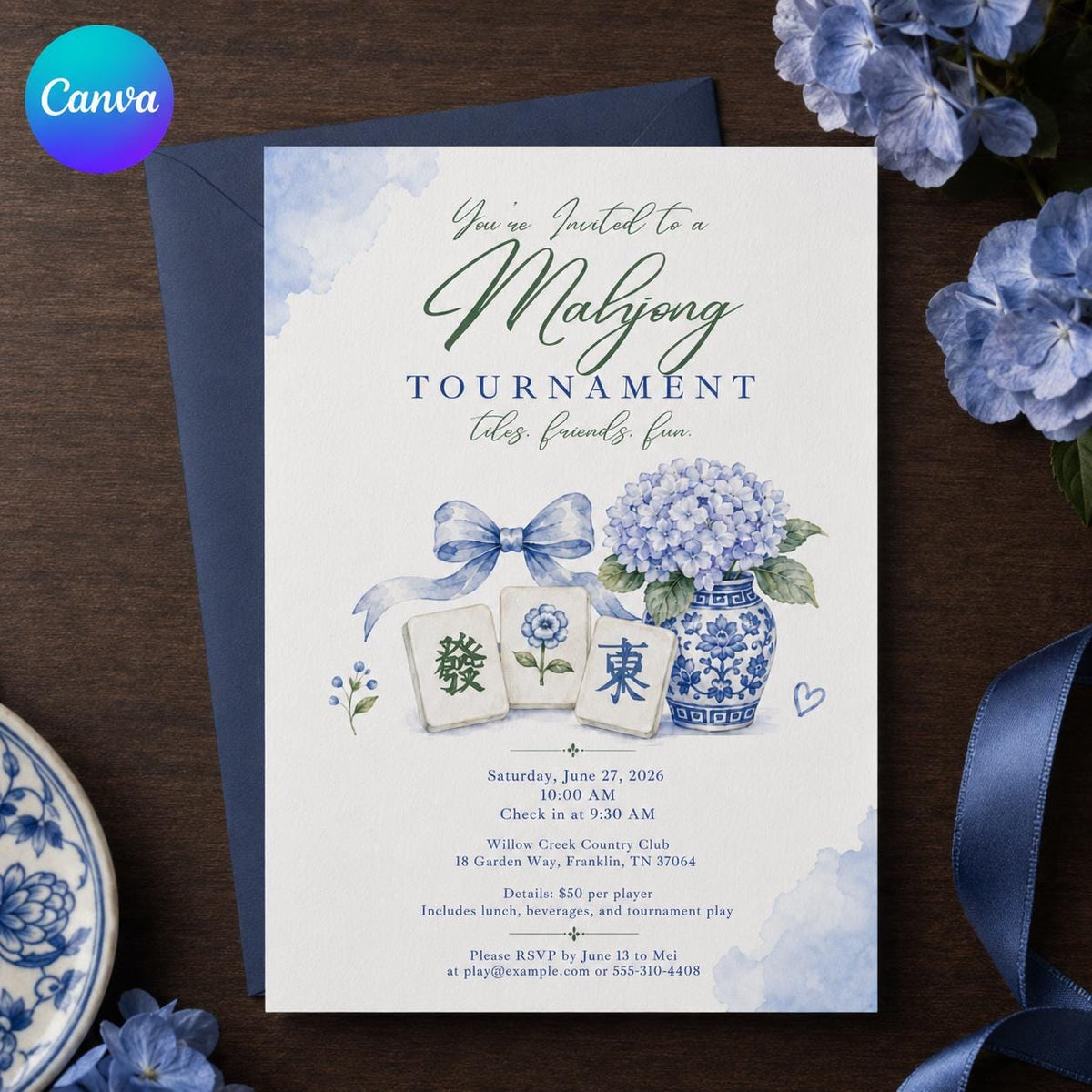 Blue Mahjong Tournament Invitation: Blue Hydrangea Chinoiserie Game Night — editable Canva template