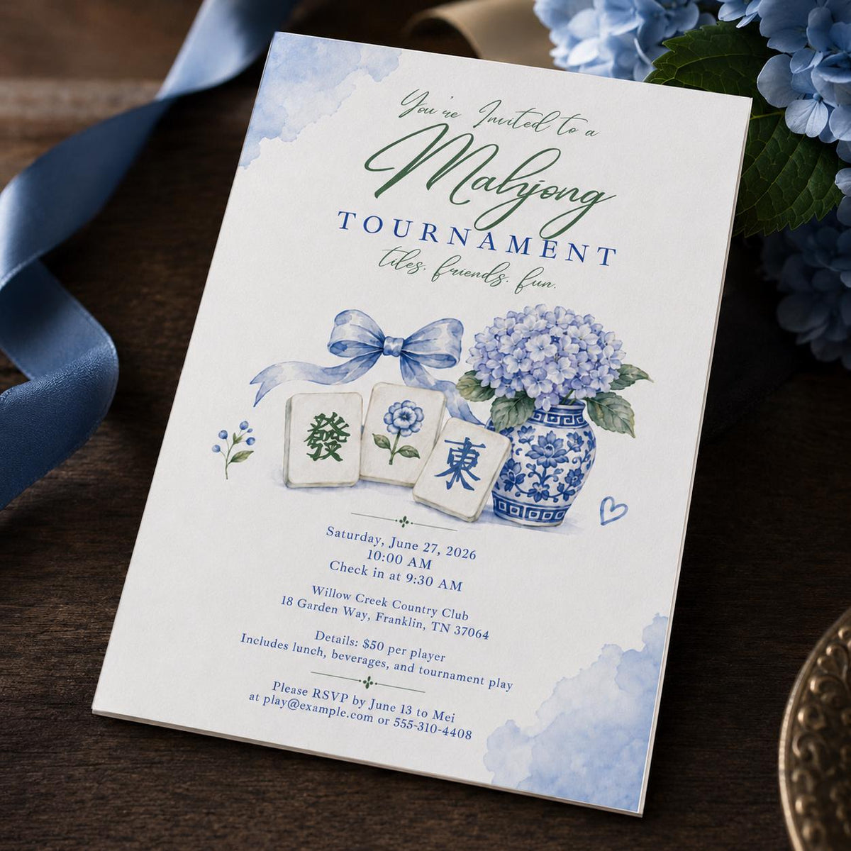 Blue Mahjong Tournament Invitation: Blue Hydrangea Chinoiserie Game Night — board games design