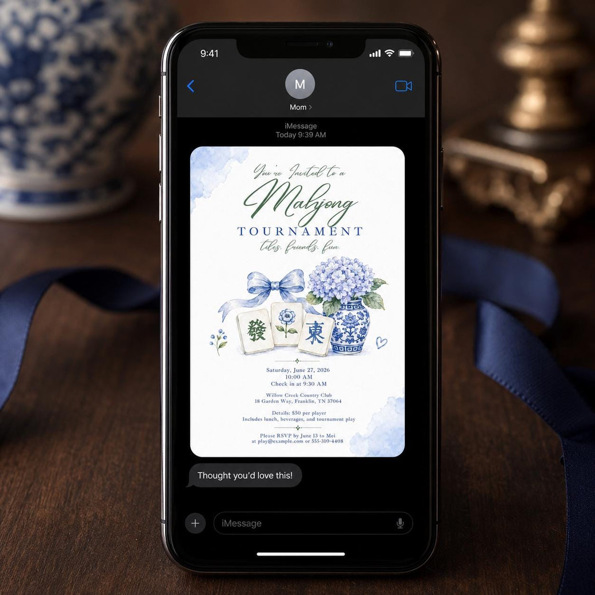 Blue Mahjong Tournament Invitation: Blue Hydrangea Chinoiserie Game Night — invitation you personalize in Canva