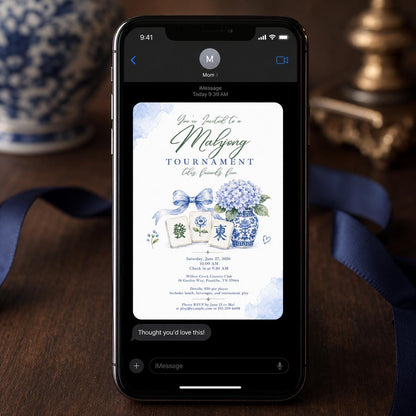 Blue Mahjong Tournament Invitation: Blue Hydrangea Chinoiserie Game Night — invitation you personalize in Canva