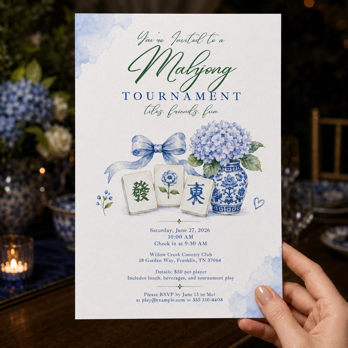 Blue Mahjong Tournament Invitation: Blue Hydrangea Chinoiserie Game Night — print-ready game night design from VoltBy