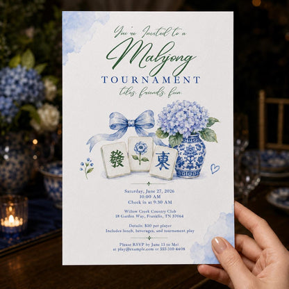 Blue Mahjong Tournament Invitation: Blue Hydrangea Chinoiserie Game Night — print-ready game night design from VoltBy