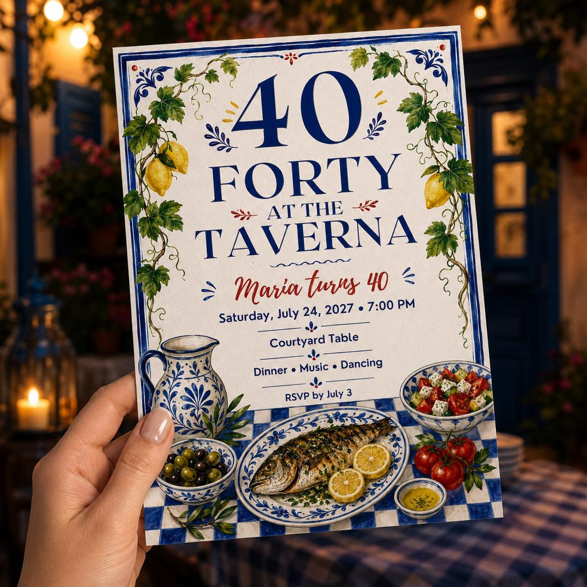 Blue Mediterranean 40th Birthday Invitation — invitation you personalize in Canva