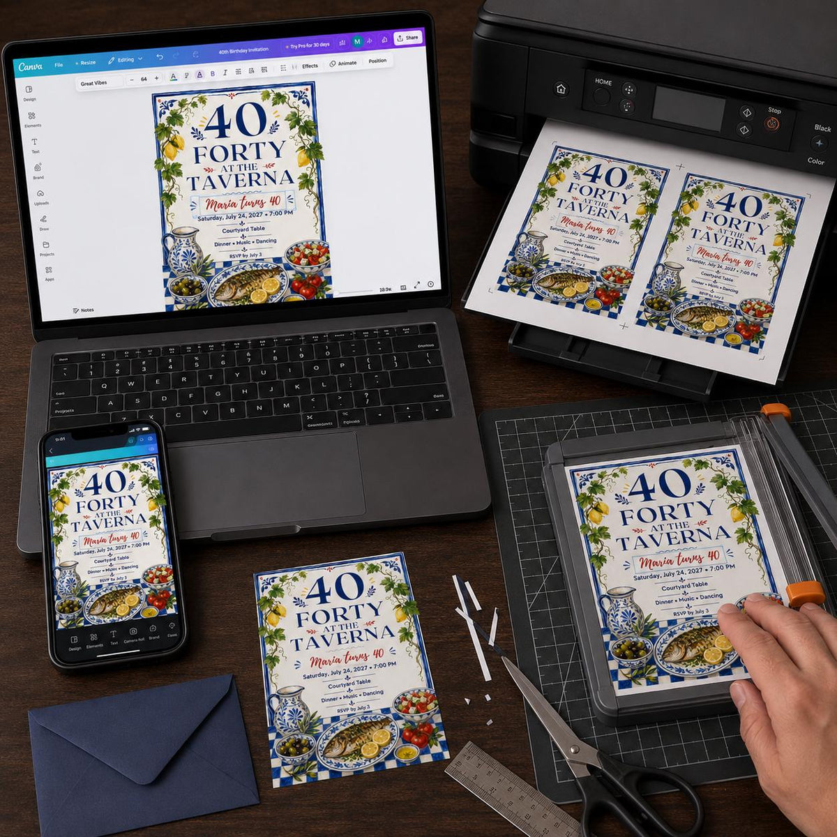 Blue Mediterranean 40th Birthday Invitation — print-ready 40th birthday party design from VoltBy