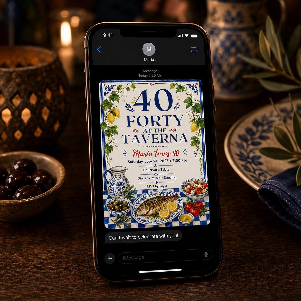 Blue Mediterranean 40th Birthday Invitation — digital invitation, instant download