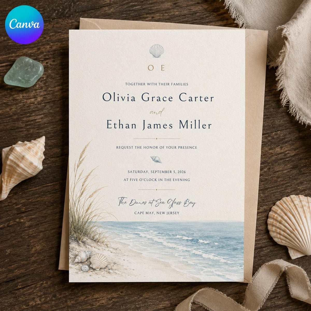 Blue Minimalist Beach Wedding Invitation — editable Canva template
